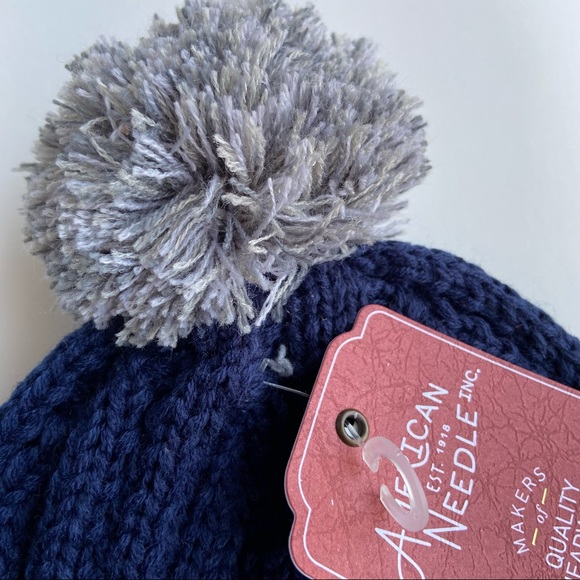American Needle Navy Striped Knit Pompom Beanie OS - Picture 4 of 6
